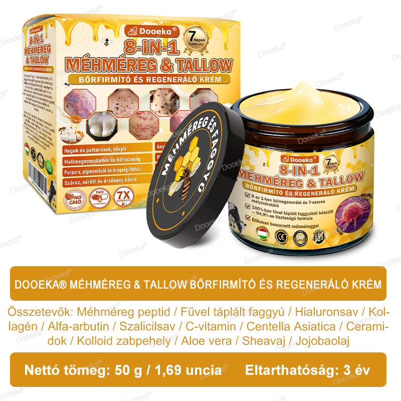 Dooeka® 𝟖-𝐈𝐧-𝟏 Méhméreg & Tallow Bőrfirmító és Regeneráló Krém 💥 (7 napon belül hatékony) Méhméreg + Tallow · 7X Mélyhidratálás, célozza meg a ráncokat, megereszkedést, striákat, sötét foltokat, purpurát, gyulladásokat és még sok mást.