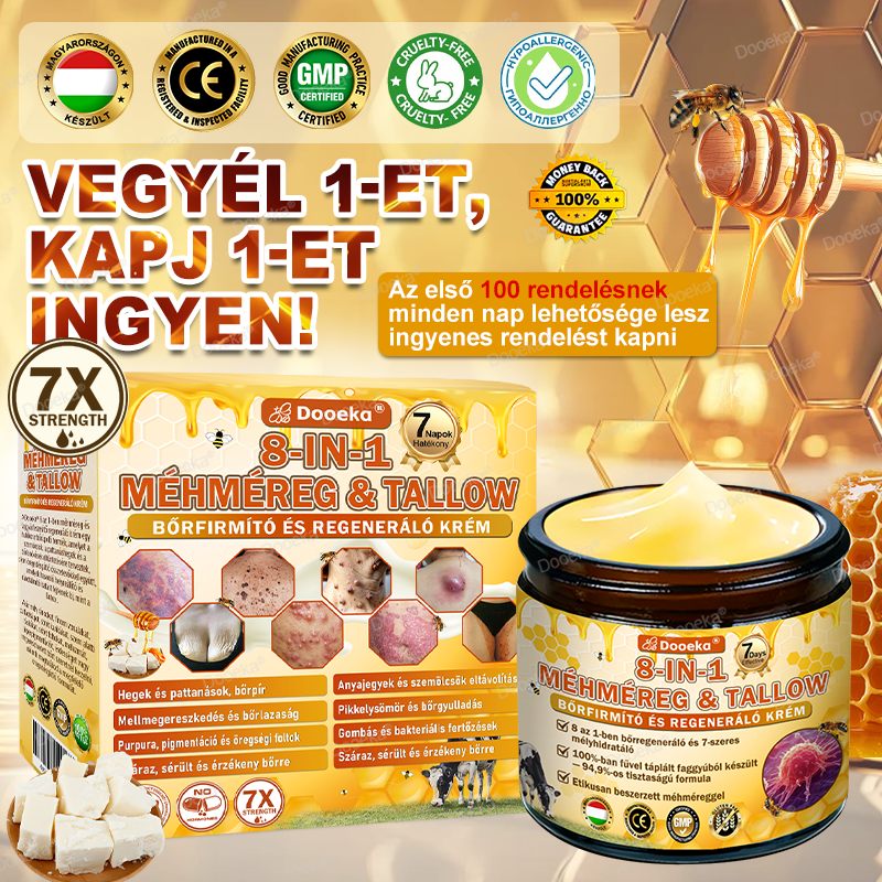 Dooeka® 𝟖-𝐈𝐧-𝟏 Méhméreg & Tallow Bőrfirmító és Regeneráló Krém 💥 (7 napon belül hatékony) Méhméreg + Tallow · 7X Mélyhidratálás, célozza meg a ráncokat, megereszkedést, striákat, sötét foltokat, purpurát, gyulladásokat és még sok mást.