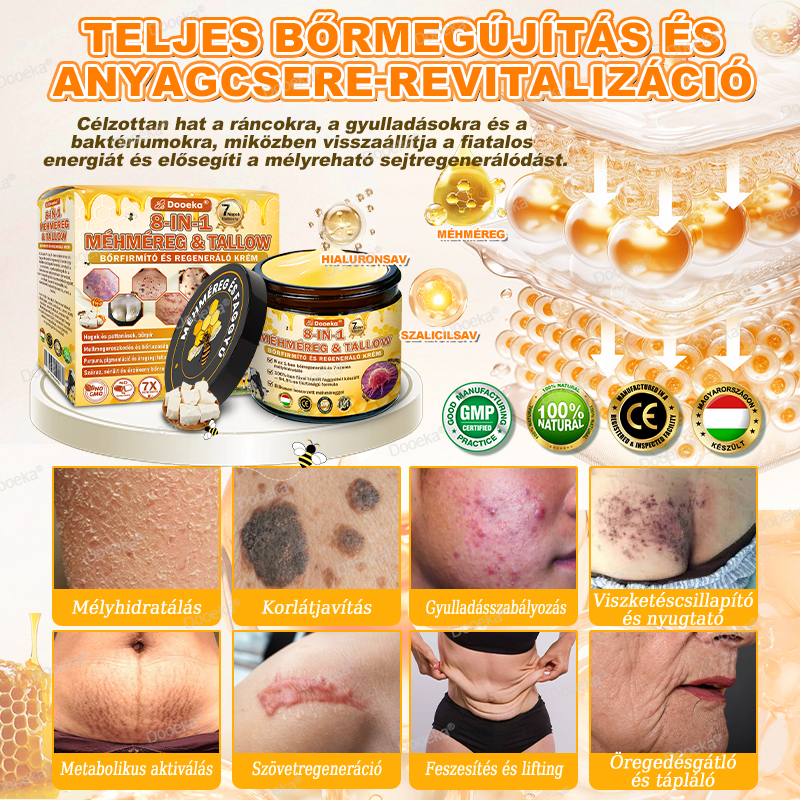 Dooeka® 𝟖-𝐈𝐧-𝟏 Méhméreg & Tallow Bőrfirmító és Regeneráló Krém 💥 (7 napon belül hatékony) Méhméreg + Tallow · 7X Mélyhidratálás, célozza meg a ráncokat, megereszkedést, striákat, sötét foltokat, purpurát, gyulladásokat és még sok mást.