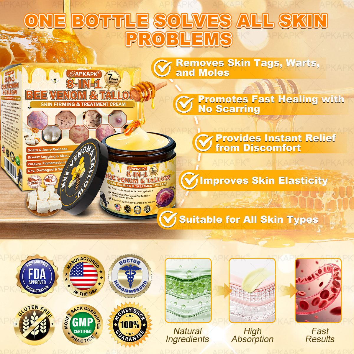 Dooeka® 𝟖-𝐈𝐧-𝟏 Méhméreg & Tallow Bőrfirmító és Regeneráló Krém 💥 (7 napon belül hatékony) Méhméreg + Tallow · 7X Mélyhidratálás, célozza meg a ráncokat, megereszkedést, striákat, sötét foltokat, purpurát, gyulladásokat és még sok mást.